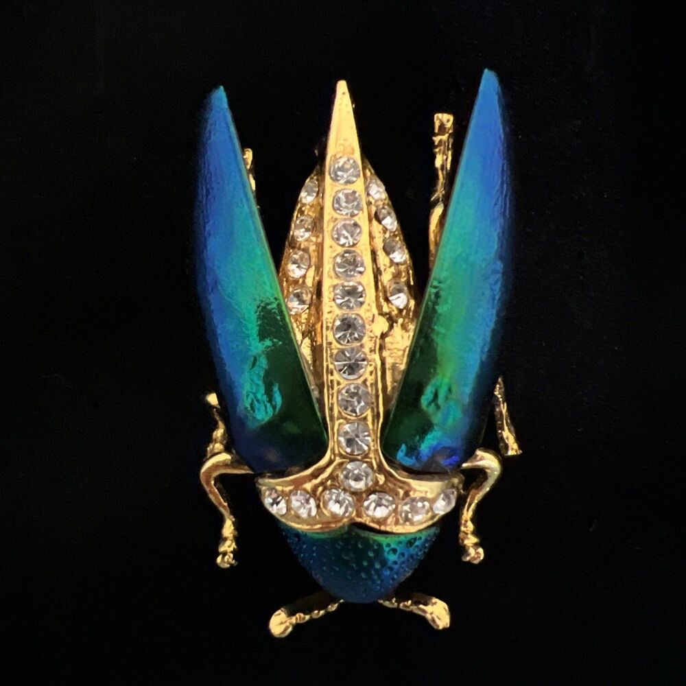Beetle Wing Scarab Brooch Iridescent Emerald Rhinestone Gold Tone Pin